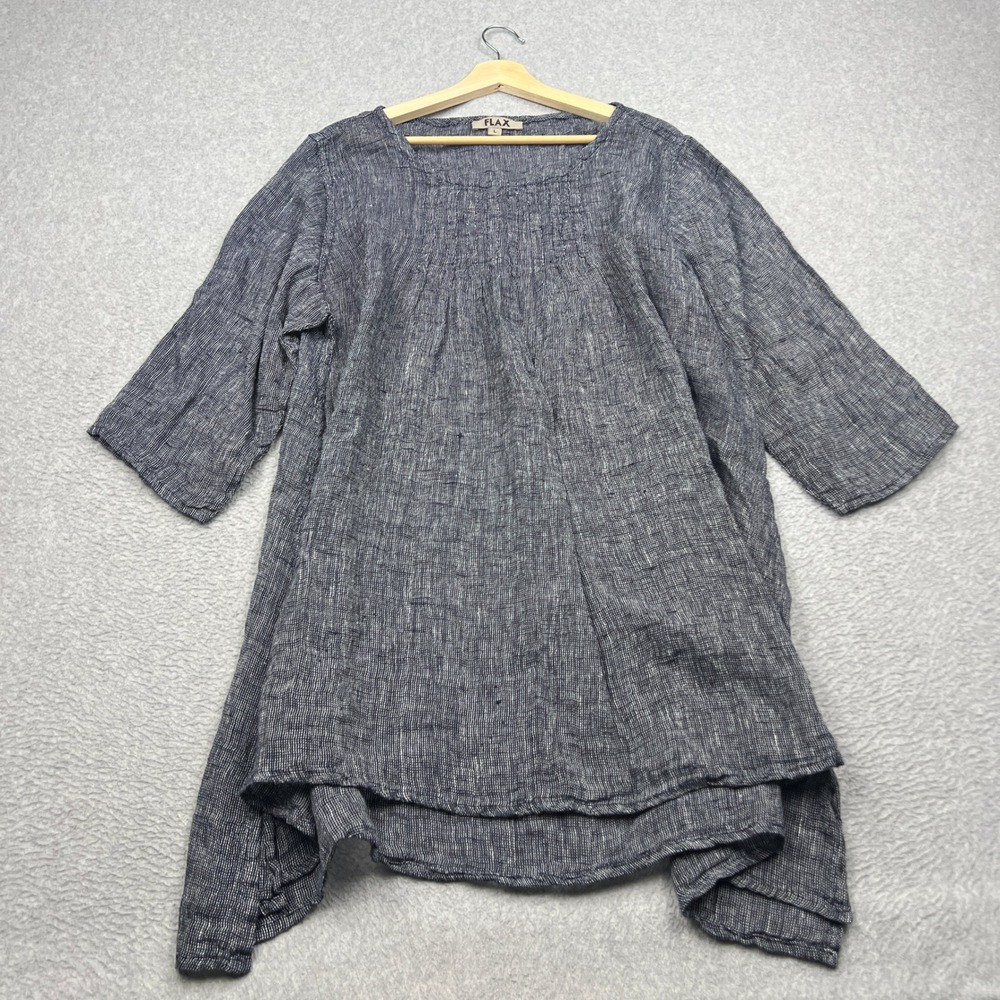 FLAX Tunic Womens Large Blue Textured 100% Linen Layered Relaxed Longline Top